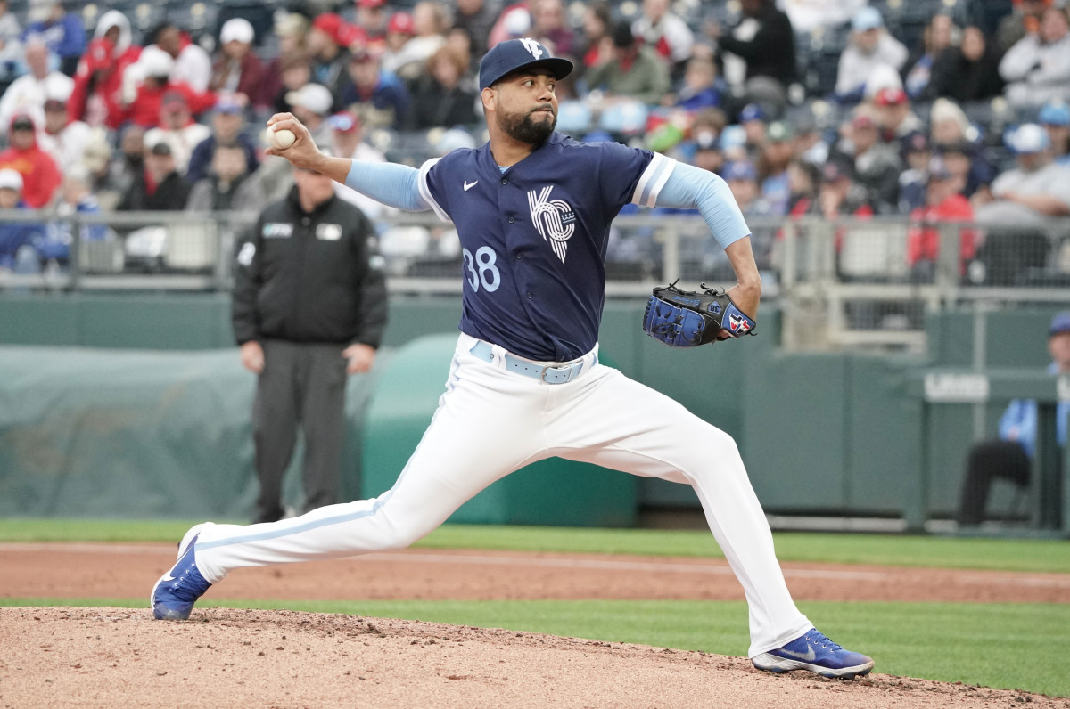 May 4, 2022; Kansas City, Missouri, USA; Kansas City Royals relief pitcher Joel Payamps (38) delivers a pitch against the St. Louis Cardinals during the game at Kauffman Stadium. Mandatory Credit: Denny Medley-USA TODAY Sports