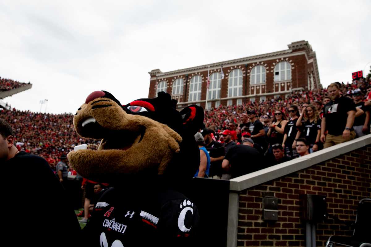 Cincinnati Bearcats mascot the Bearcat looks on in the first half of the NCAA football game between the Cincinnati Bearcats and the Miami Redhawks on Saturday, Sept. 4, 2021, at Nippert Stadium in Cincinnati. Cincinnati Bearcats Miami Redhawks