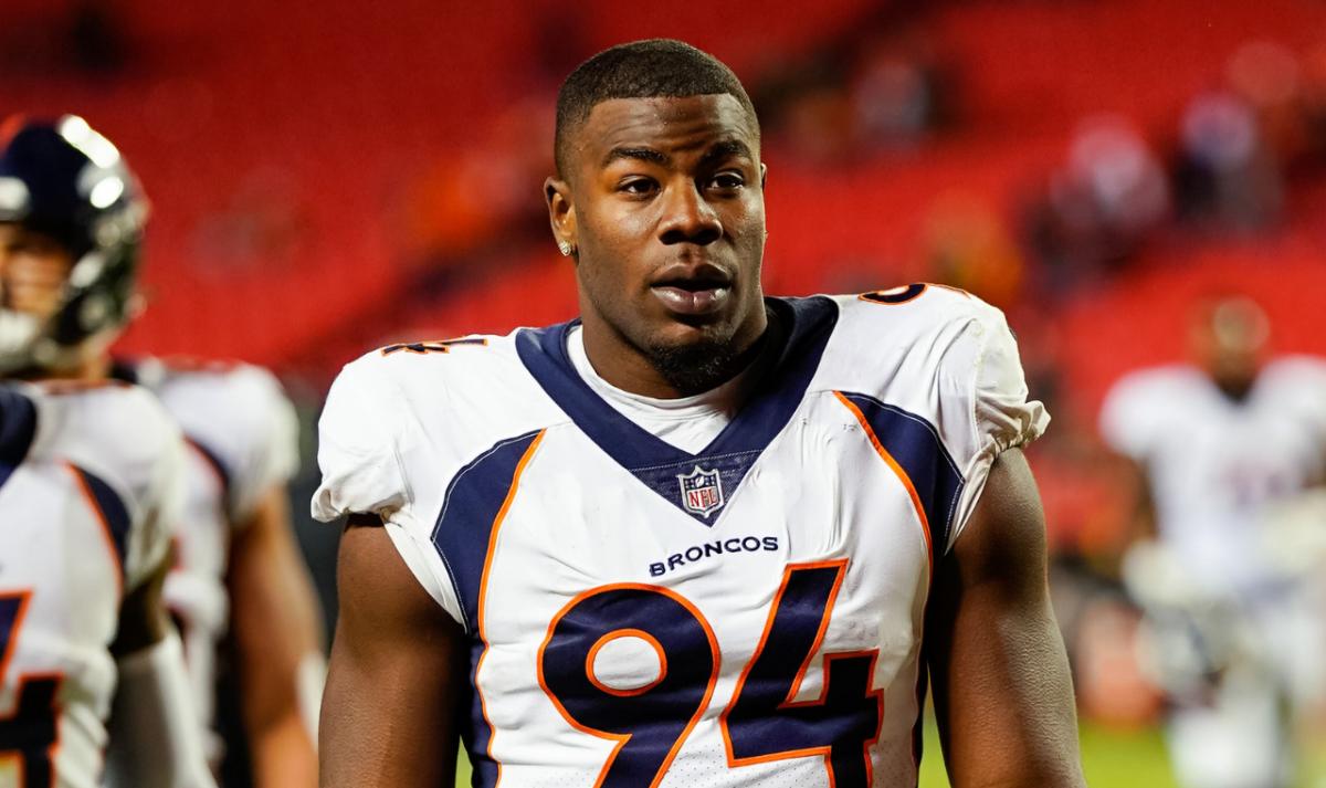 Denver Broncos linebacker Aaron Patrick (94) leaves the field after the game against the Kansas City Chiefs at GEHA Field at Arrowhead Stadium.