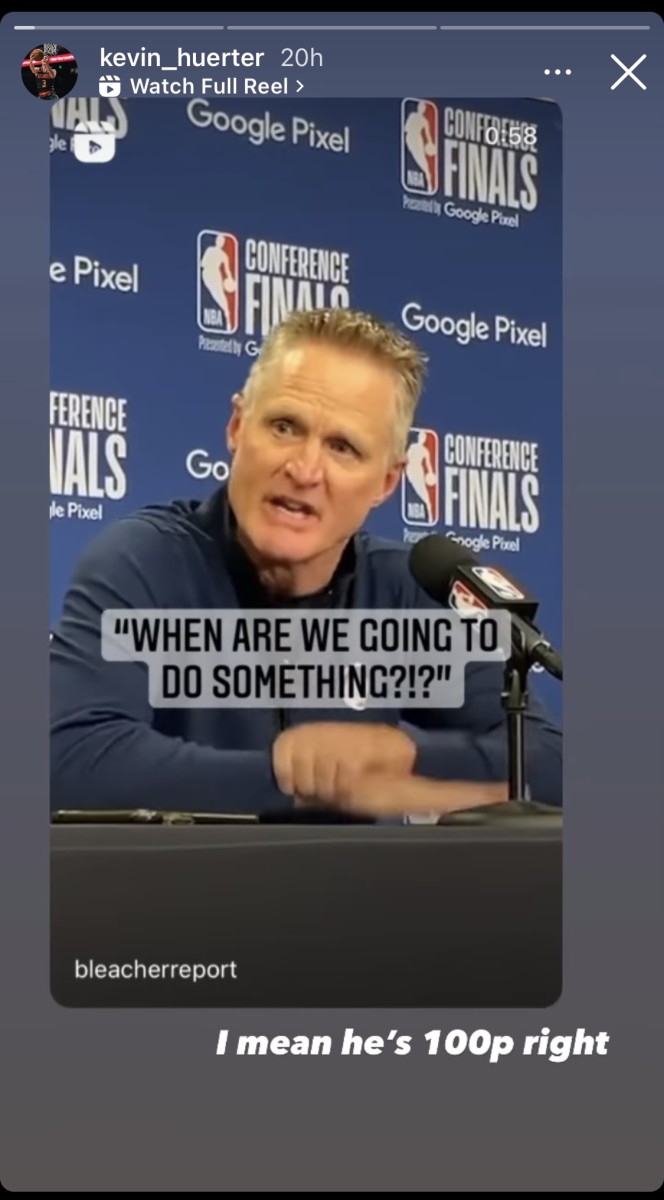 Kevin Huerter shared a video of Steve Kerr discussing Robb Elementary school shooting on 5/24/2022 before Game Four of the Western Conference Finals.