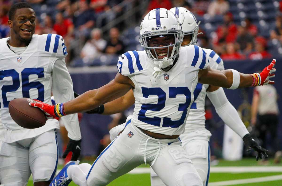 Indianapolis Colts cornerback Kenny Moore II (23) celebrates after making an interception early during the first quarter of the game Sunday, Dec. 5, 2021, at NRG Stadium in Houston. Indianapolis Colts Versus Houston Texans On Sunday Dec 5 2021 At Nrg Stadium In Houston Texas