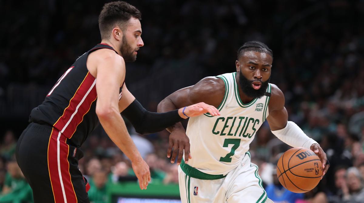 May 23, 2022; Boston, Massachusetts, USA; Boston Celtics guard Jaylen Brown (7) drives to the basket defended by Miami Heat guard Max Strus (31) in the second half during game four of the 2022 eastern conference finals at TD Garden.