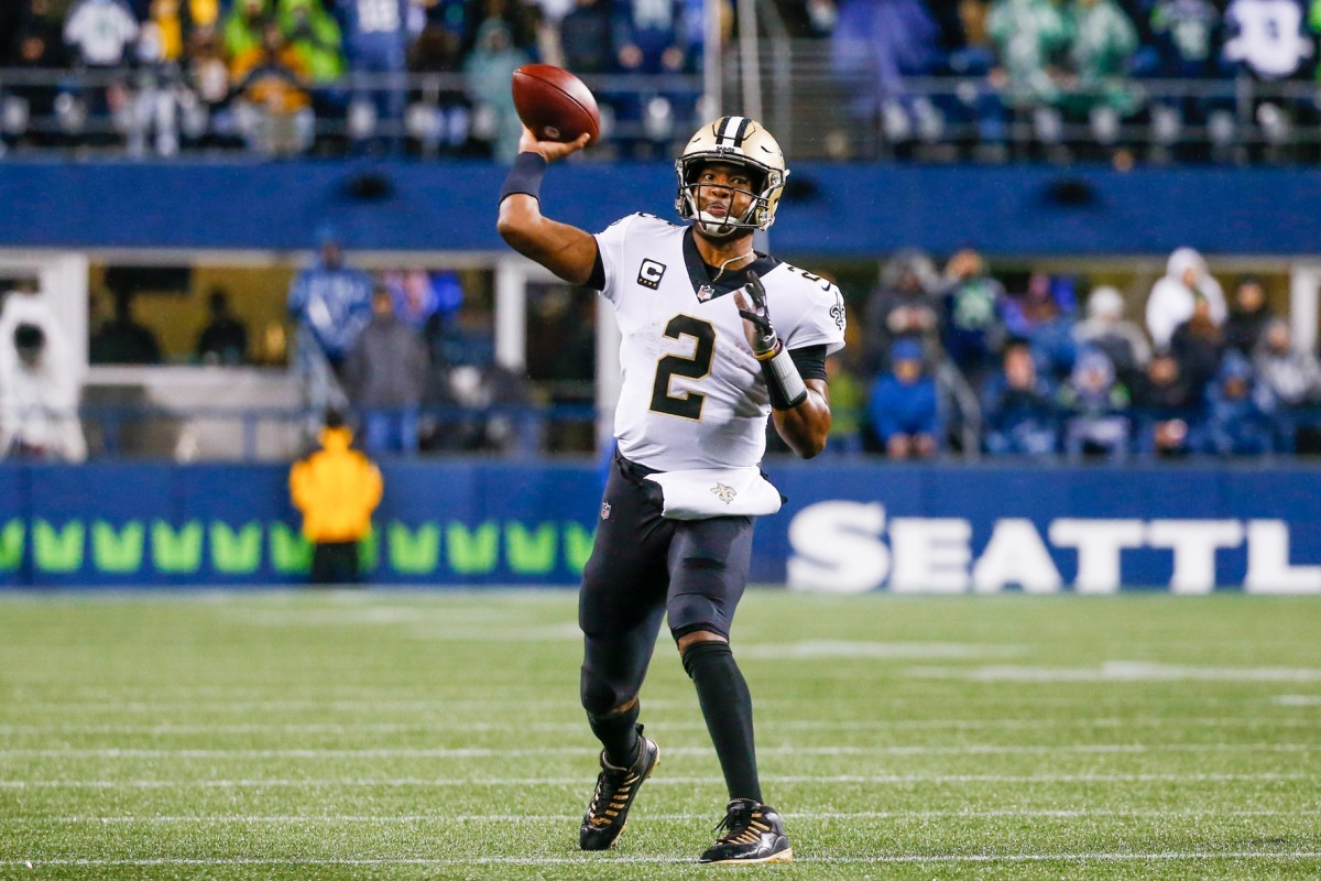 New Orleans Saints quarterback Jameis Winston (2) passes against the Seattle Seahawks. Mandatory Credit: Joe Nicholson-USA TODAY Sports