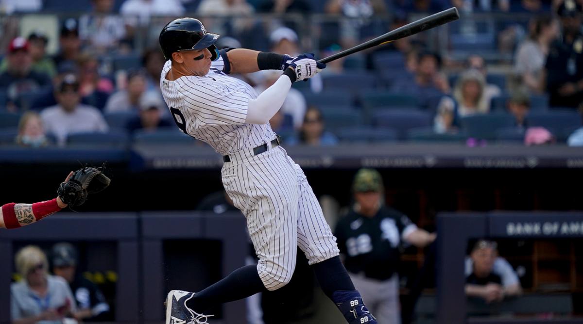 New York Yankees’ Aaron Judge hits a game-tying home run off Chicago White Sox relief pitcher Kendall Graveman in the eighth inning of a baseball game, Sunday, May 22, 2022, in New York.