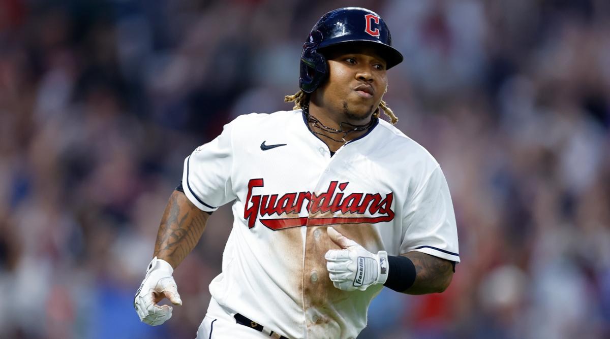 Cleveland Guardians’ José Ramírez rounds the bases after hitting three-run home run against the Detroit Tigers during the sixth inning of a baseball game, Friday, May 20, 2022, in Cleveland.