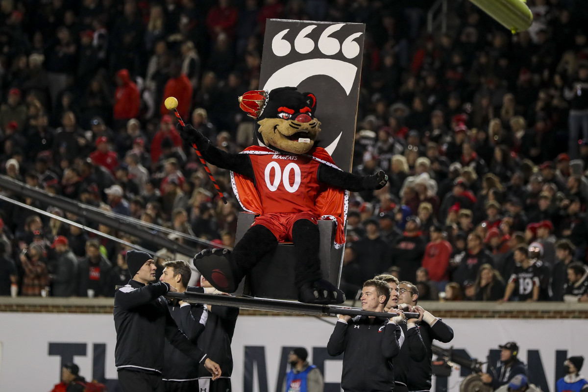Dec 4, 2021; Cincinnati, Ohio, USA; The Cincinnati Bearcats mascot during the second half against the Houston Cougars during the American Athletic Conference championship game at Nippert Stadium. Mandatory Credit: Katie Stratman-USA TODAY Sports