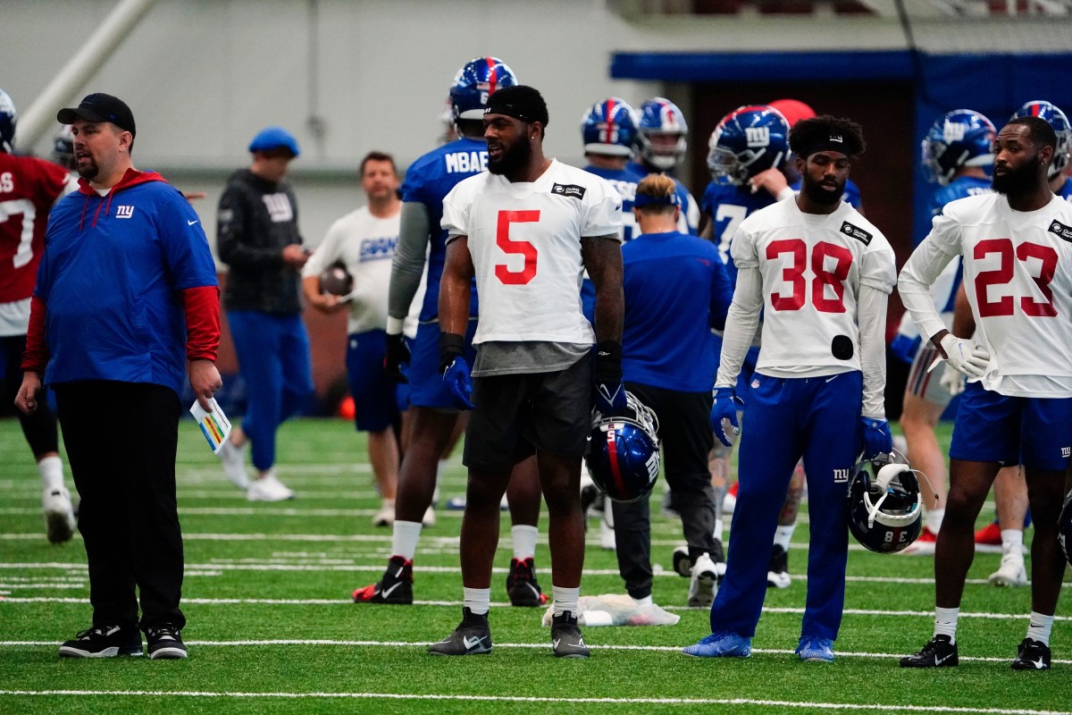 New York Giants rookie linebacker Kayvon Thibodeaux (5) on the field for organized team activities (OTAs) at the training center in East Rutherford on Thursday, May 19, 2022.