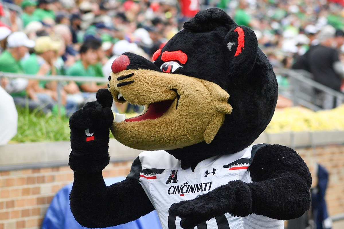 Oct 2, 2021; South Bend, Indiana, USA; The Cincinnati Bearcats mascot gestures to the crowd in the second quarter of the game between the Notre Dame Fighting Irish and the Cincinnati Bearcats at Notre Dame Stadium. Mandatory Credit: Matt Cashore-USA TODAY Sports
