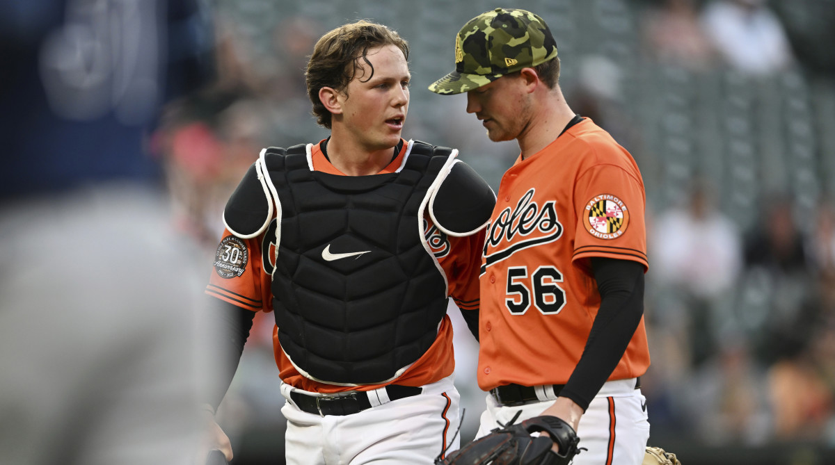 Adley Rutschman speaks with Orioles pitcher Kyle Bradish.