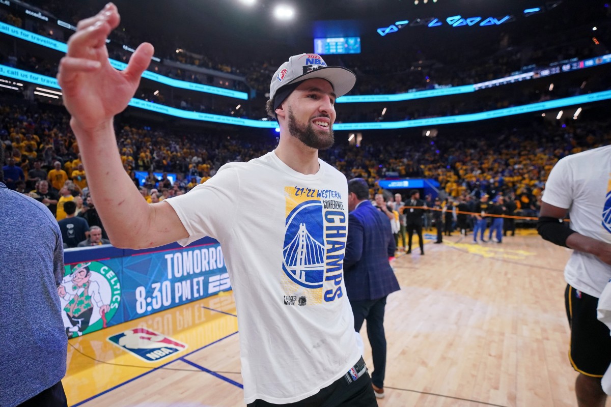 May 26, 2022; San Francisco, California, USA; Golden State Warriors guard Klay Thompson (11) after winning game five of the 2022 western conference finals against the Dallas Mavericks at Chase Center. Mandatory Credit: Cary Edmondson-USA TODAY Sports