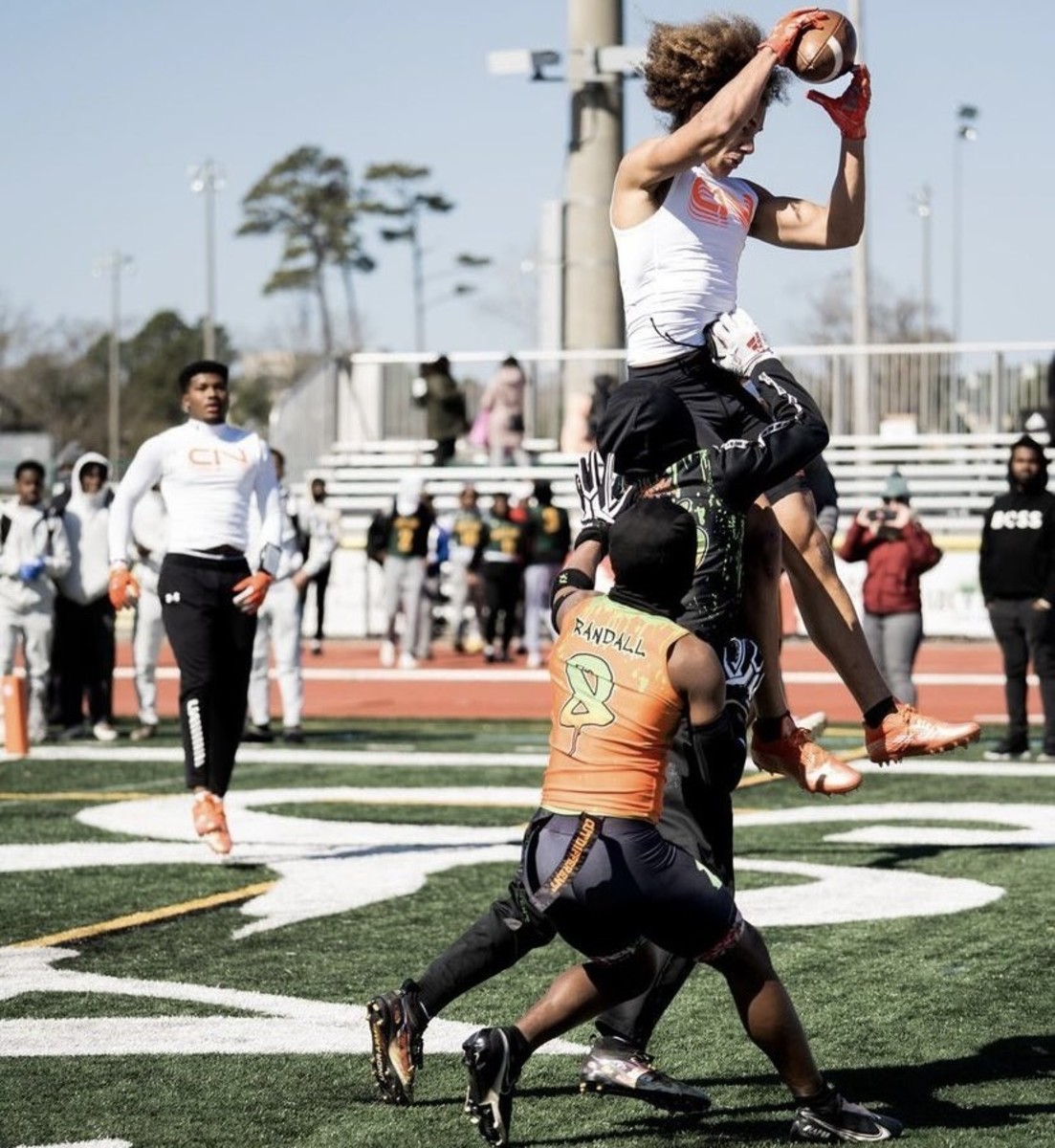 Cayden Lee shows his hops in a 7-on-7 competition.