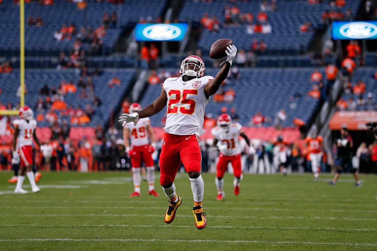 Oct 17, 2019; Denver, CO, USA; Kansas City Chiefs running back LeSean McCoy (25) warms up before the game against the Denver Broncos at Empower Field at Mile High. Mandatory Credit: Isaiah J. Downing-USA TODAY Sports