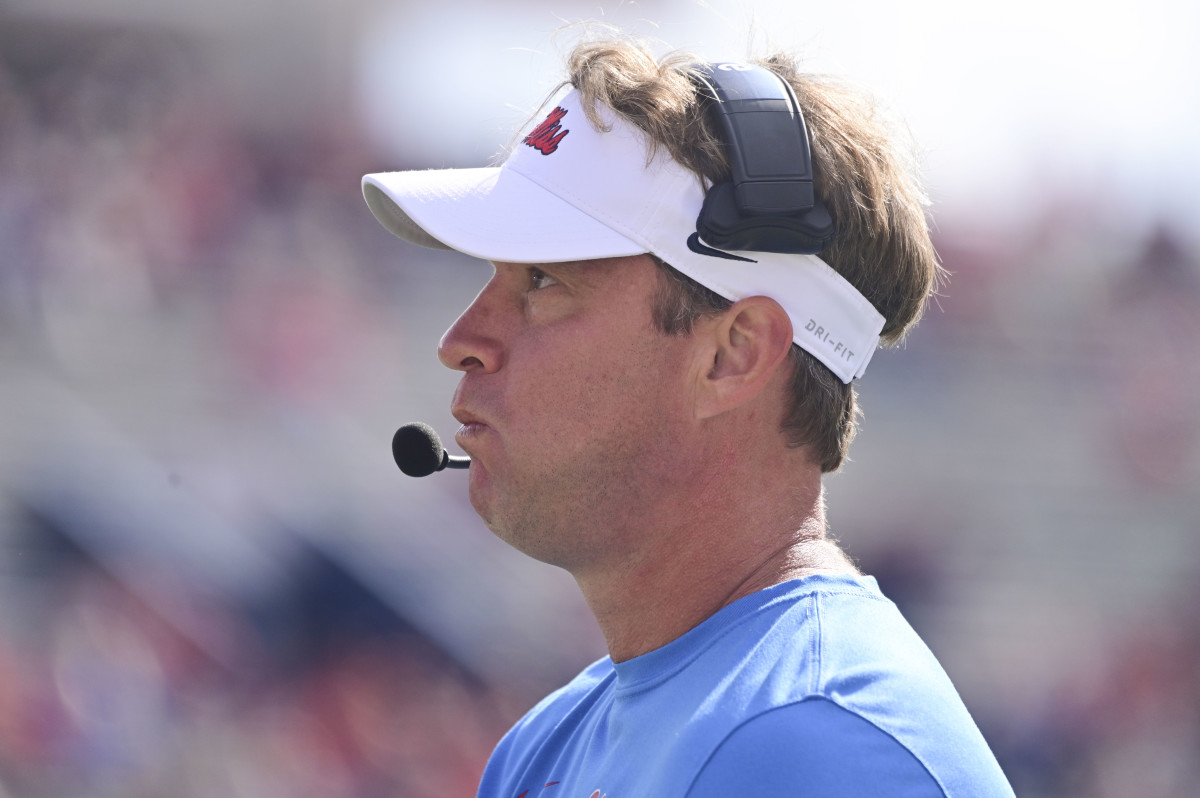 Nov 6, 2021; Oxford, Mississippi, USA; Mississippi Rebels head coach Lane Kiffin looks onto the field during the second half of the game against the Liberty Flames at Vaught-Hemingway Stadium. Mandatory Credit: Matt Bush-USA TODAY Sports