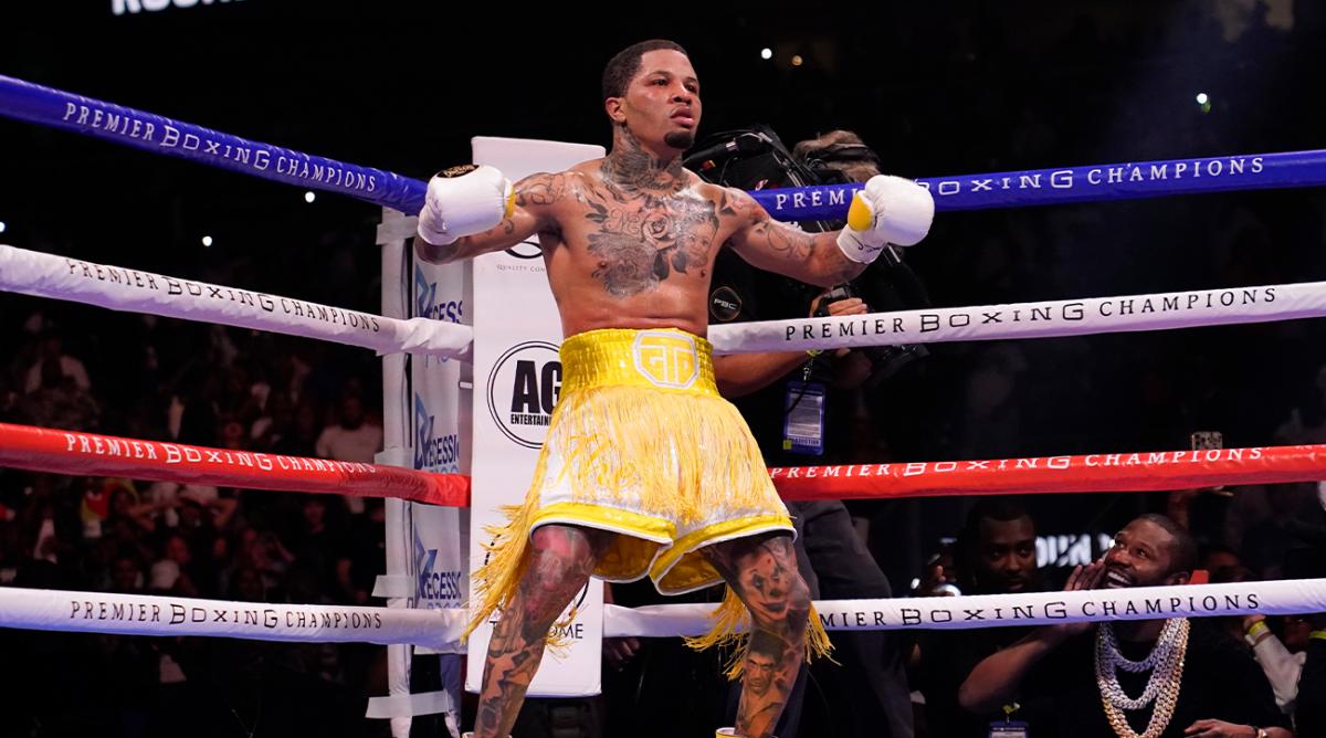 FILE - Gervonta Davis celebrates during a WBA Super Lightweight world championship boxing match against Mario Barrios on Sunday, June 27, 2021, in Atlanta. Gervonta Davis may have met his match when it comes to trading insults. Now it’s about trading punches, and he believes he does that far better than Rolando Romero, his opponent Saturday night when he defends his lightweight title in a matchup of unbeatens in Brooklyn.