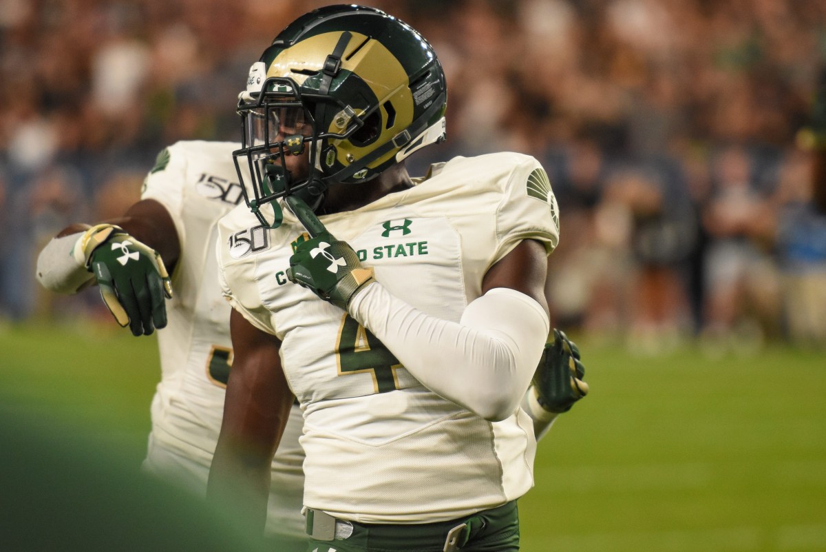 CSU cornerback Rashad Ajayi signals quiet to his bench after breaking up a pass against CU during the final Rocky Mountain Showdown at Broncos Stadium on Friday Aug. 30, 2019.