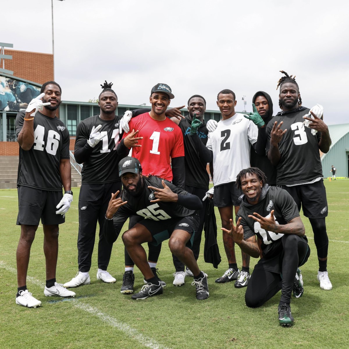 Jalen Hurts (1) with several of his WRs, including A.J. Brown (11) and Jalen Reagor between the QB and DeVonta Smith (2)