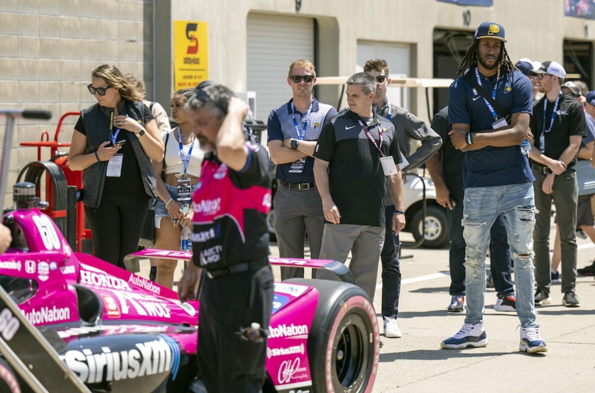 Pacers center Isaiah Jackson visited Gasoline Alley to see the race teams and their cars.