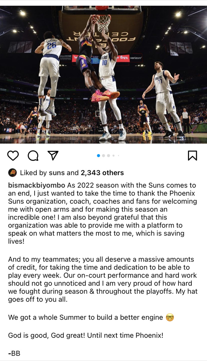 Bismack Biyombo Posts Thank You Message to Phoenix Suns Fans
