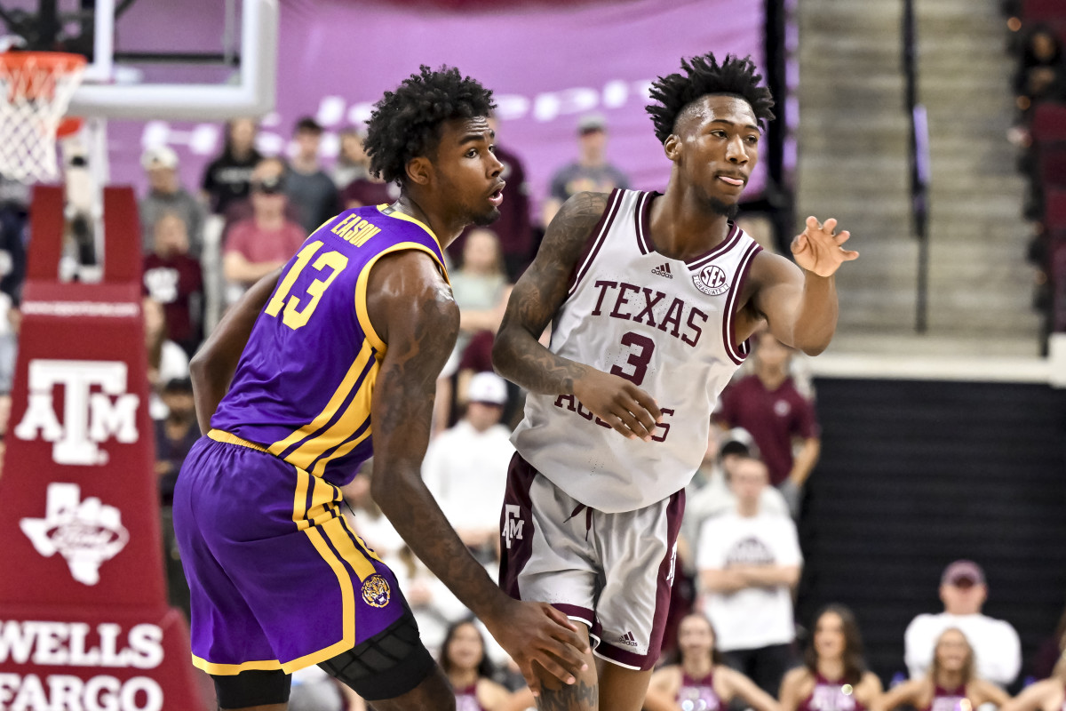 Texas A&M Aggies guard Quenton Jackson (3) and LSU Tigers forward Tari Eason (13) in action during the second half at Reed Arena.