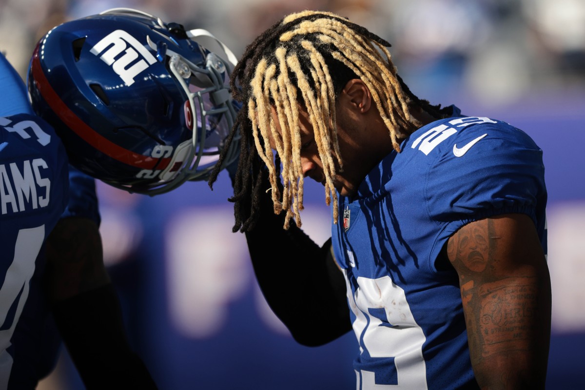 Dec 19, 2021; East Rutherford, New Jersey, USA; New York Giants free safety Xavier McKinney (29) reflects before the game against the Dallas Cowboys at MetLife Stadium.