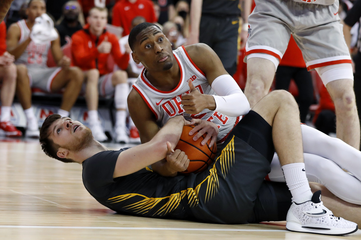 Iowa Hawkeyes guard Connor McCaffery (30) goes for the loose ball with Ohio State Buckeyes guard Malaki Branham (22) during the first half at Value City Arena.