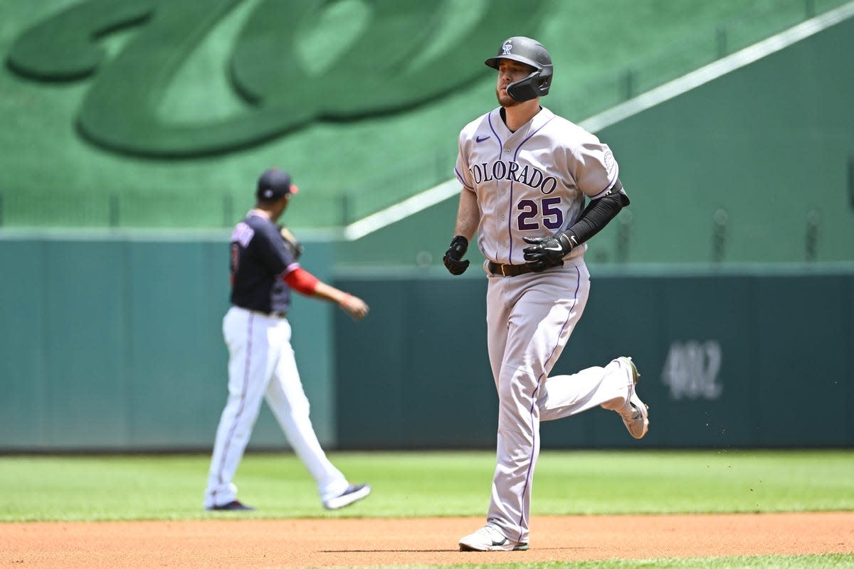 May 28, 2022; Washington, District of Columbia, USA; Colorado Rockies first baseman C.J. Cron (25) rounds the bases after hitting a three run home run against the Washington Nationals during the first inning at Nationals Park. Mandatory Credit: Brad Mills-USA TODAY Sports