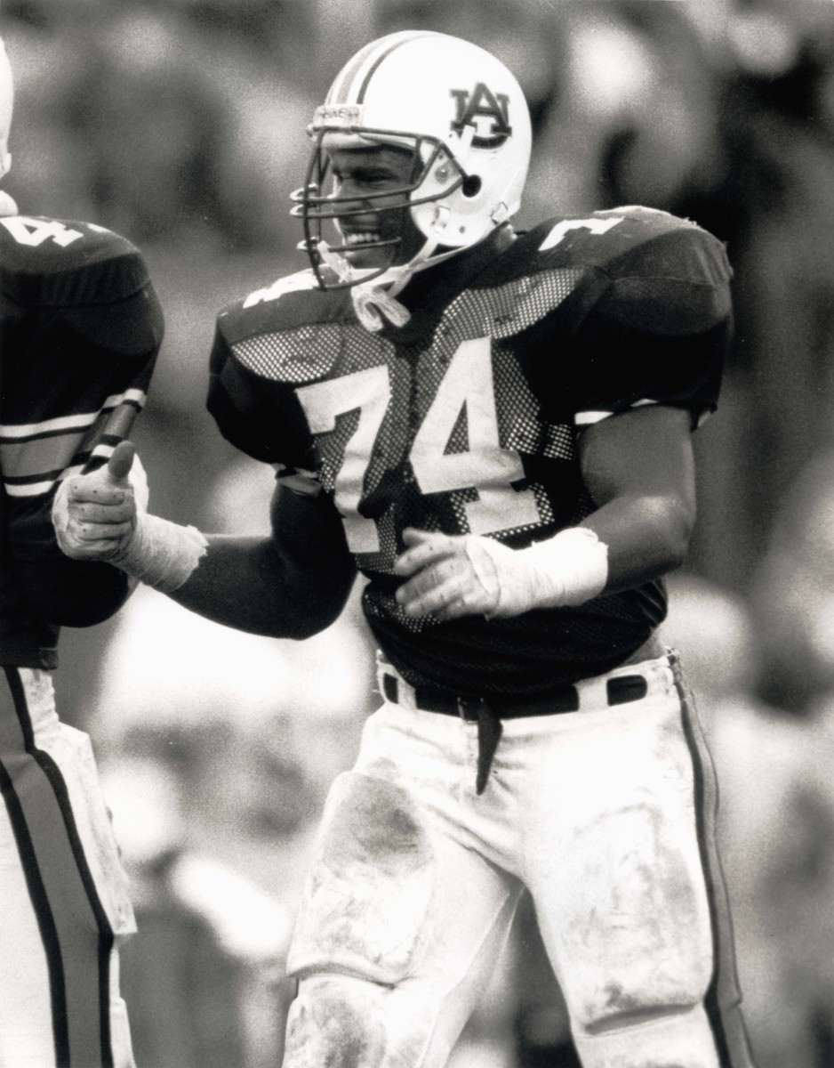 Oct 31, 1987; Auburn. AL, USA; FILE PHOTO; Auburn Tigers defensive tackle Tracy Rocker (74) during the game against the Florida Gators. Auburn beat Florida 29-6.