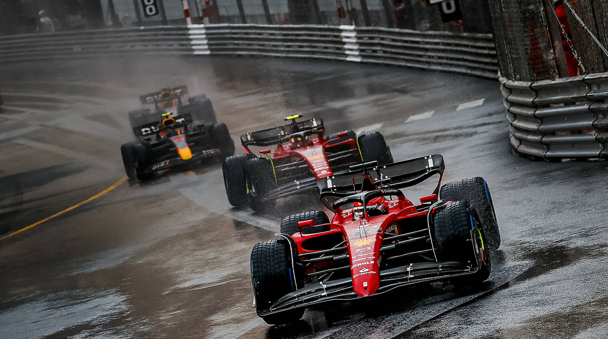 Charles Leclerc 16 with the Ferrari, Carlos Sainz 55 with the Ferrari, Sergio Perez 11 with the Oracle Red Bull Racing RB18 Honda and Max Verstappen 1 with the Oracle Red Bull Racing RB18 Honda during the formation lap of the F1 Monaco GP