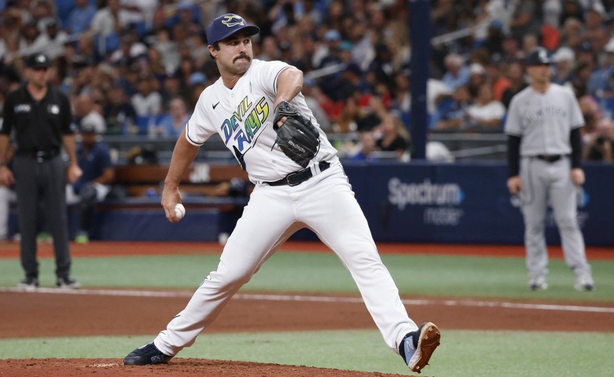 Tampa Bay Rays relief pitcher J.P. Feyereisen (34) throws a pitch during the seventh inning against the New York Yankees at Tropicana Field on Saturday. (Reinhold Matay-USA TODAY Sports)