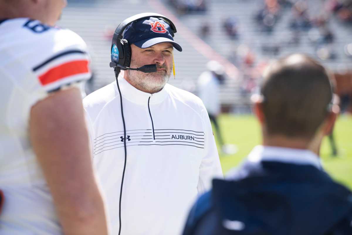 Auburn Tigers offensive line coach Will Friend during the A-Day spring practice at Jordan-Hare Stadium in Auburn, Ala., on Saturday, April 9, 2022.