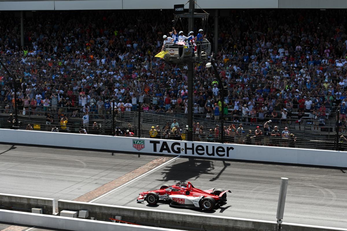 Marcus Ericsson crosses the finish line under caution to win the 106th Running of the Indianapolis 500. Photo courtesy IndyCar.