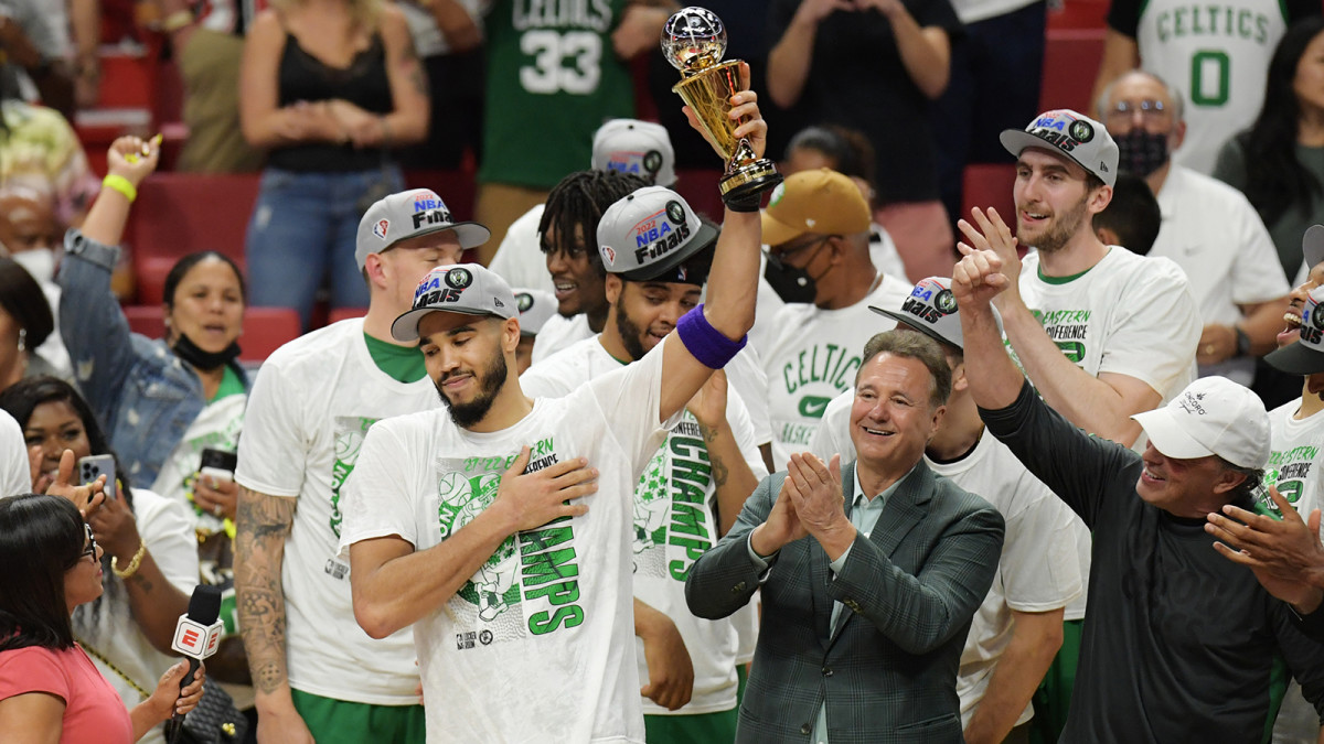 Boston Celtics forward Jayson Tatum (0) reacts after winning the Larry Bird Eastern Conference Finals MVP trophy.