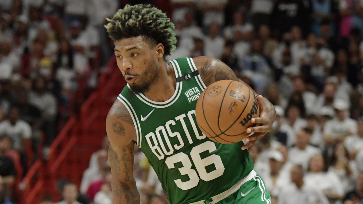 Boston Celtics guard Marcus Smart (36) drives to the basket against the Miami Heat during the second half of game seven of the 2022 eastern conference finals.