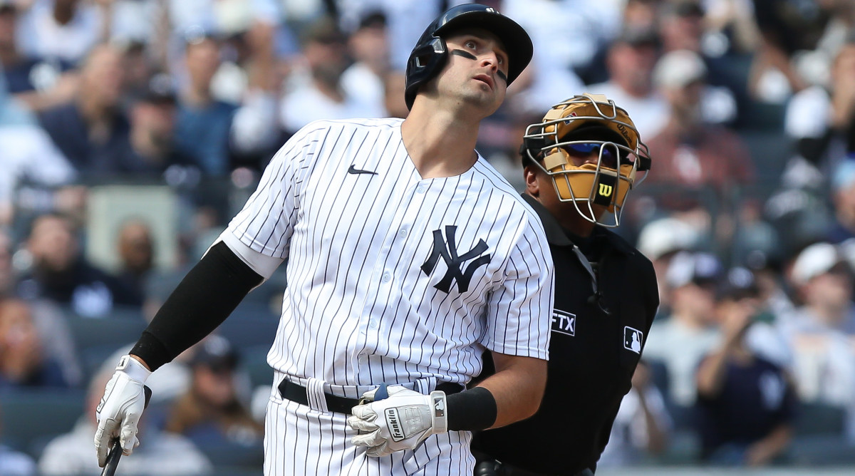 New York Yankees left fielder Joey Gallo watches foul ball