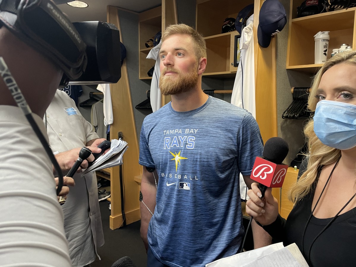Drew Rasmussen talks with the media on Tuesday, the day before he's scheduled to start. That's part of the routine, too. 