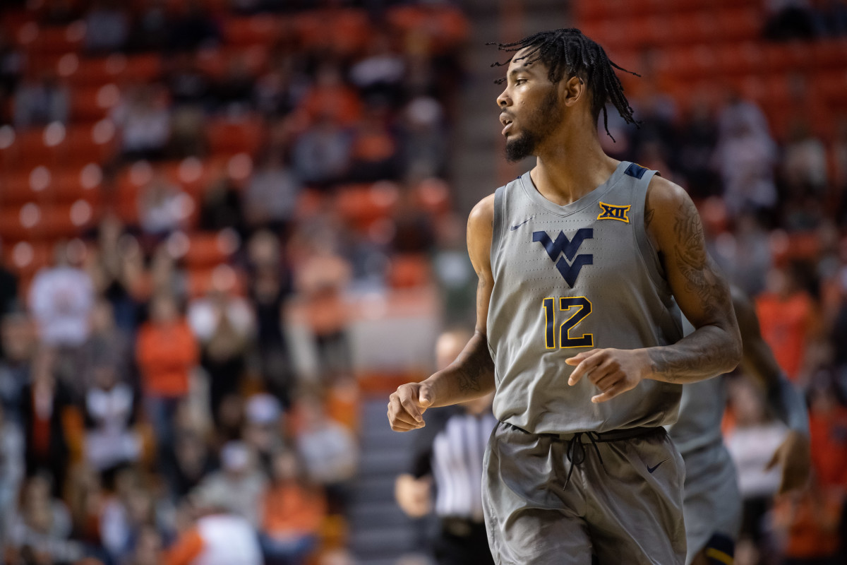West Virginia Mountaineers guard Taz Sherman (12) looks on during the game against the Oklahoma State Cowboys at Gallagher-Iba Arena.
