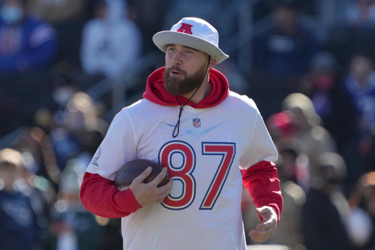 Feb 3, 2022; Las Vegas, NV, USA; Kansas City Chiefs tight end Travis Kelce (87) during AFC practice for the Pro Bowl at Las Vegas Ballpark. Mandatory Credit: Kirby Lee-USA TODAY Sports