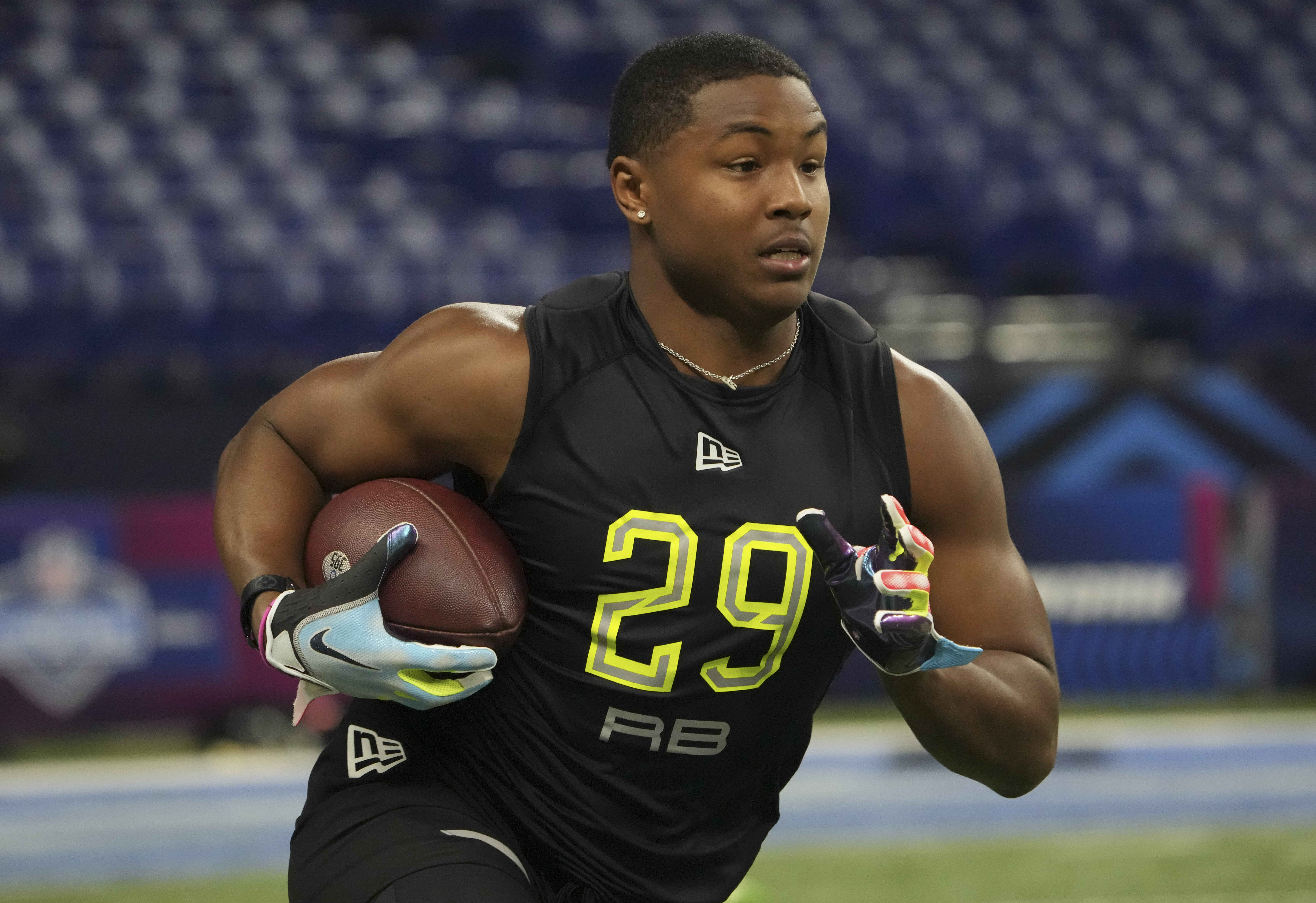 Mar 4, 2022; Indianapolis, IN, USA; Texas A&M running back Isaiah Spiller (RB29) goes through drills during the 2022 NFL Scouting Combine at Lucas Oil Stadium. Mandatory Credit: Kirby Lee-USA TODAY Sports