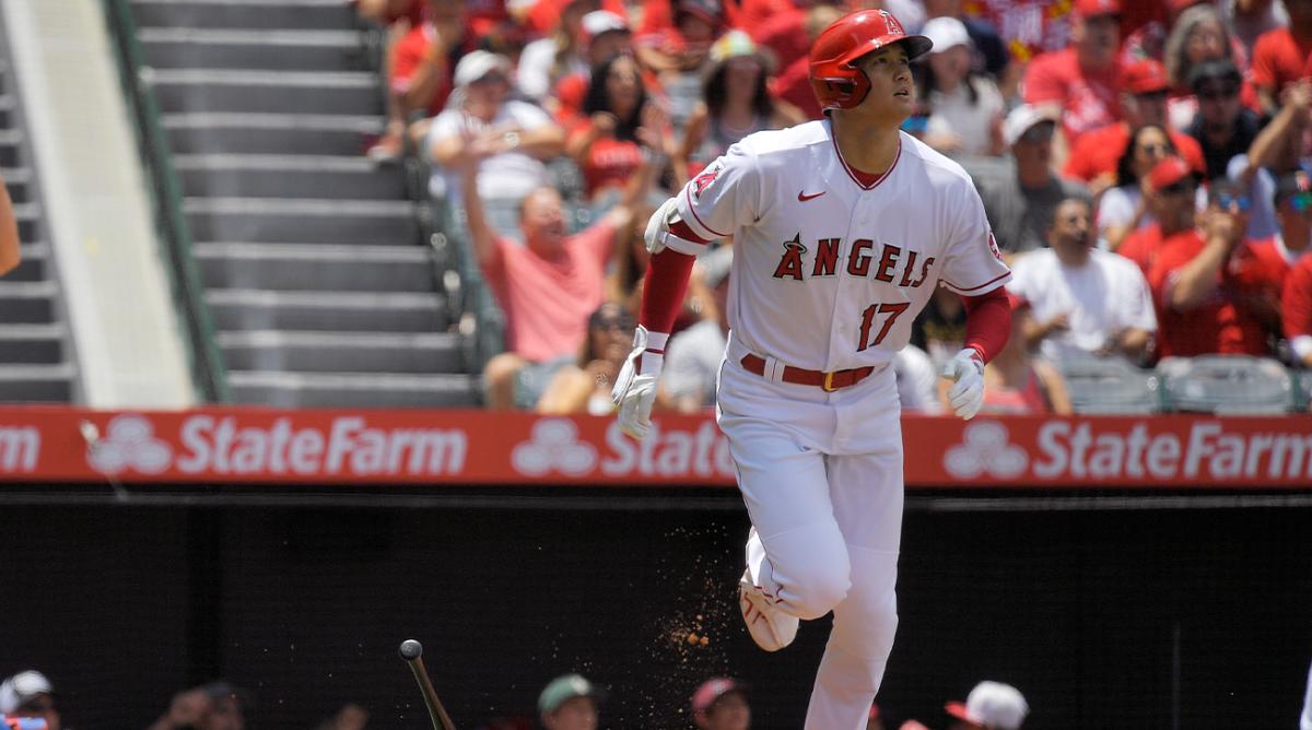 Los Angeles Angels’ Shohei Ohtani heads to first as he hits a solo home run during the first inning of a baseball game against the Toronto Blue Jays Sunday, May 29, 2022, in Anaheim, Calif.