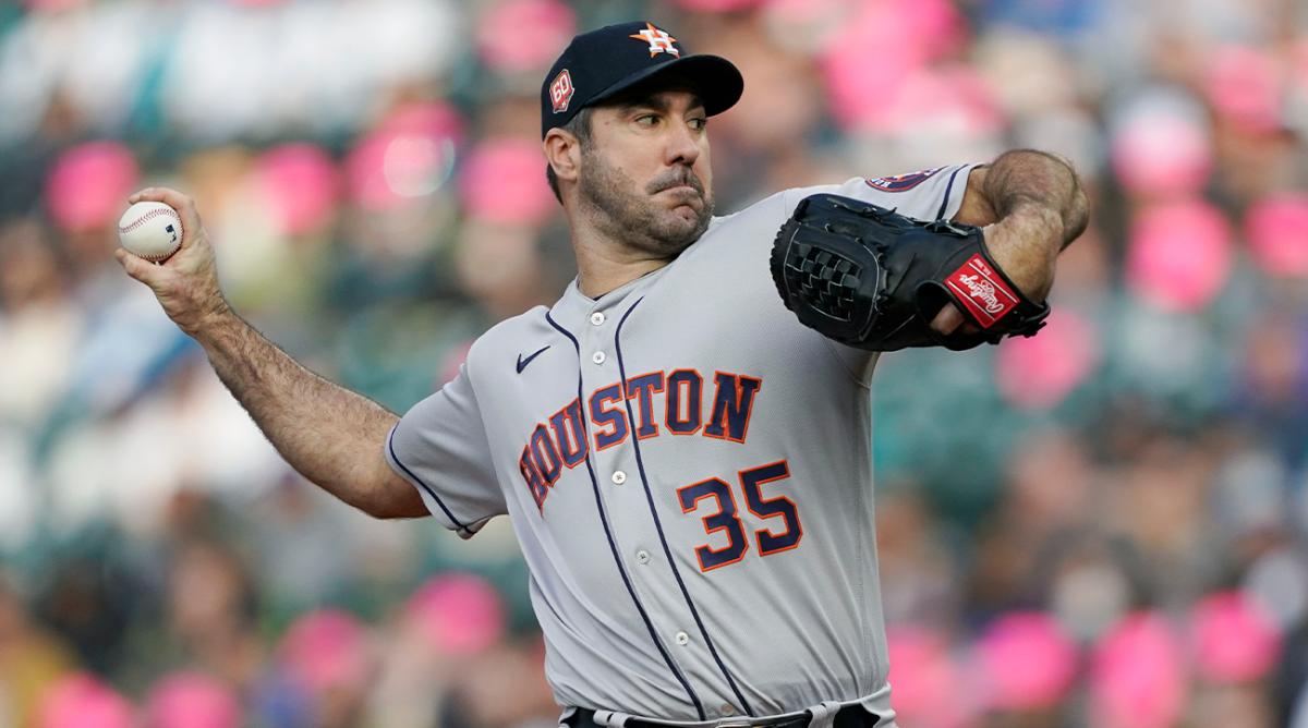 Houston Astros starting pitcher Justin Verlander throws to a Seattle Mariners batter during the first inning of a baseball game Friday, May 27, 2022, in Seattle.