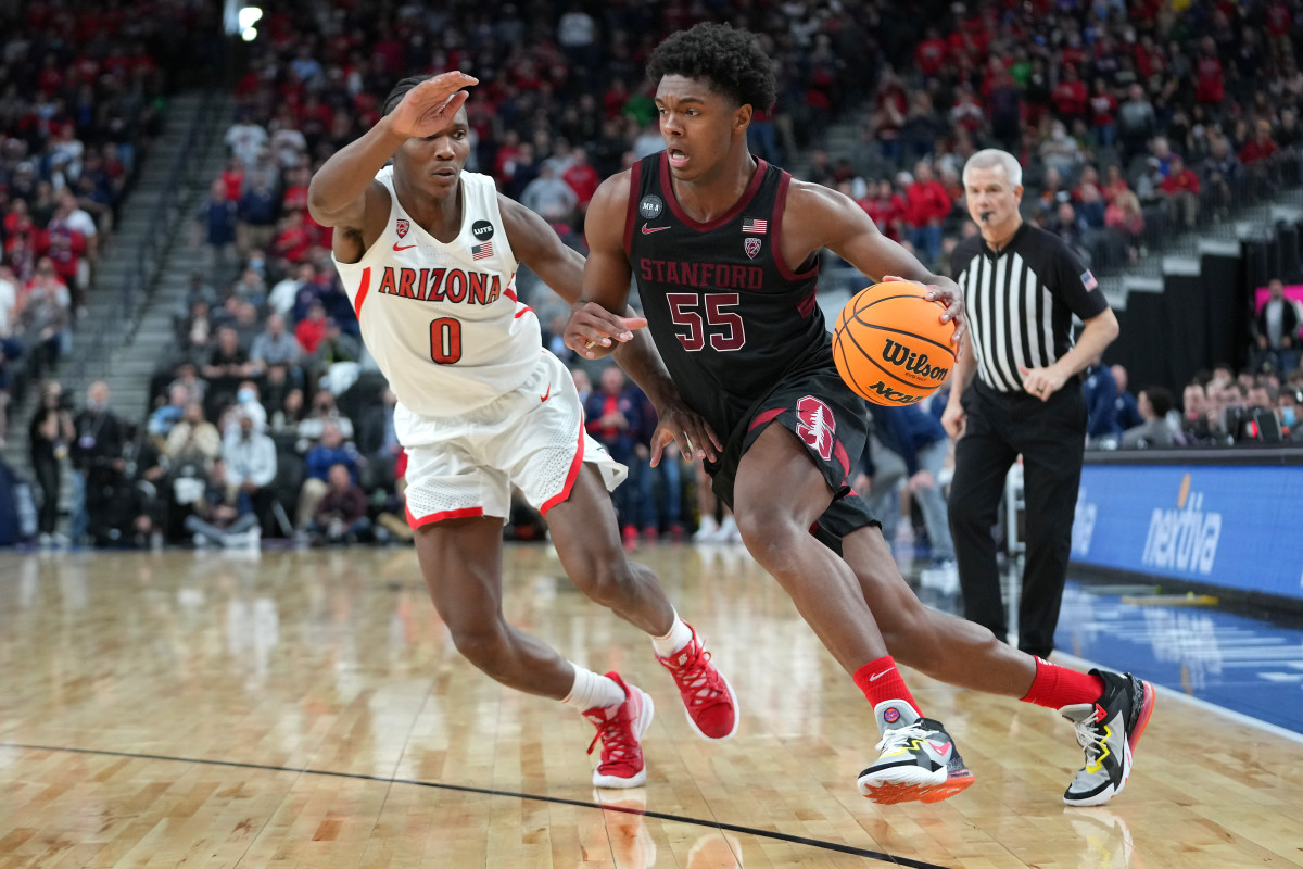 Stanford Cardinal forward Harrison Ingram (55) dribbles against Arizona Wildcats guard Bennedict Mathurin (0) during the second half at T-Mobile Arena.