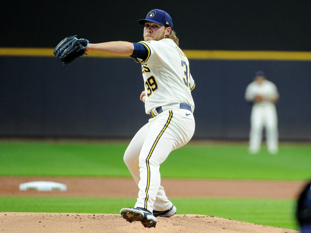 May 18, 2022; Milwaukee, Wisconsin, USA; Milwaukee Brewers starting pitcher Corbin Burnes (39) delivers a pitch against the Atlanta Braves in the first inning at American Family Field.