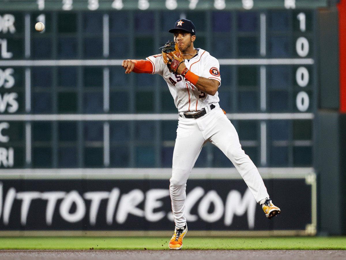 May 24, 2022; Houston, Texas, USA; Houston Astros shortstop Jeremy Pena (3) throws out a runner during the first inning against the Cleveland Guardians at Minute Maid Park.