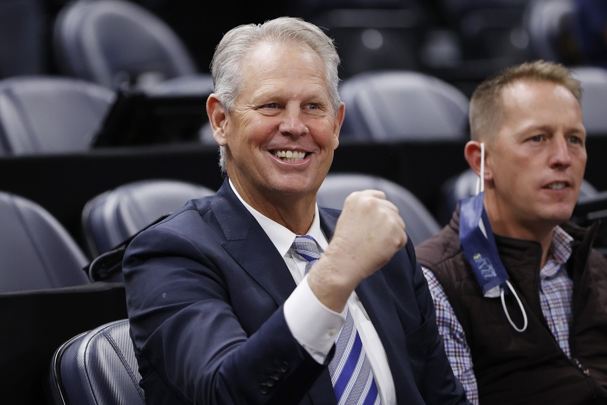 Danny Ainge watches pregame activities after he was Appointed Alternate Governor and CEO of Utah Jazz Basketball prior to their game against the LA Clippers at Vivint Arena.