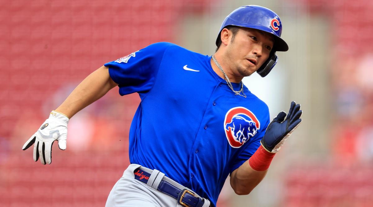 Chicago Cubs’ Seiya Suzuki runs on the way to scoring on a double by Ian Happ during the first inning of a baseball game against the Cincinnati Reds in Cincinnati, Wednesday, May 25, 2022.
