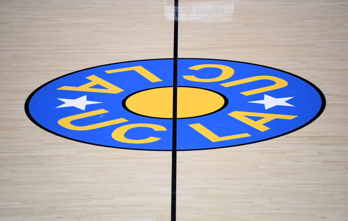 Detailed view of the the UCLA Bruins logo at center court at Pauley Pavilion.