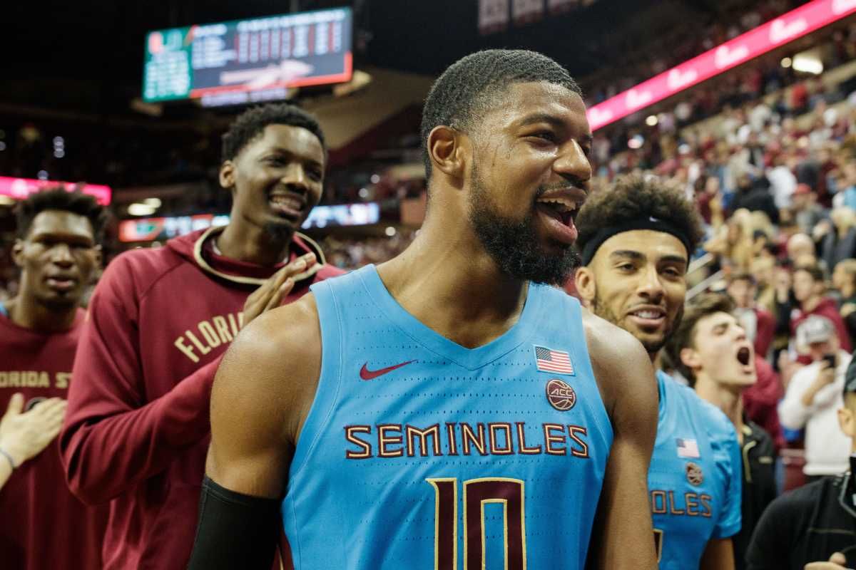 Florida State Seminoles forward Malik Osborne (10) celebrates his team's victory. The Florida State Seminoles defeated the Miami Hurricanes.