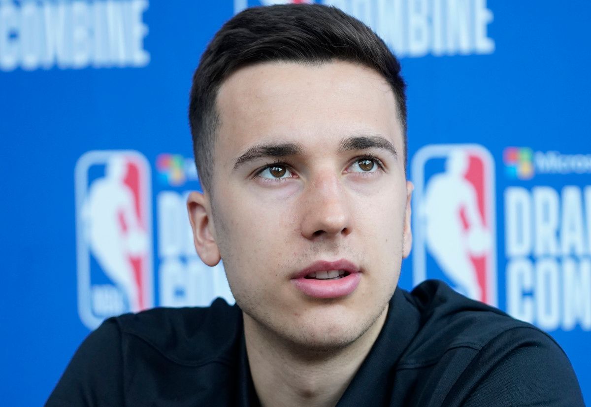 Matteo Spagnolo talks to the media during the 2022 NBA Draft Combine at Wintrust Arena.