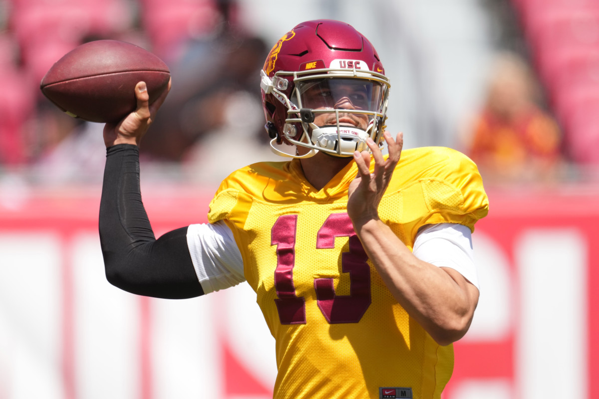Southern California Trojans quarterback Caleb Williams (13) throws the ball during the spring game at the Los Angeles Memorial Coliseum.