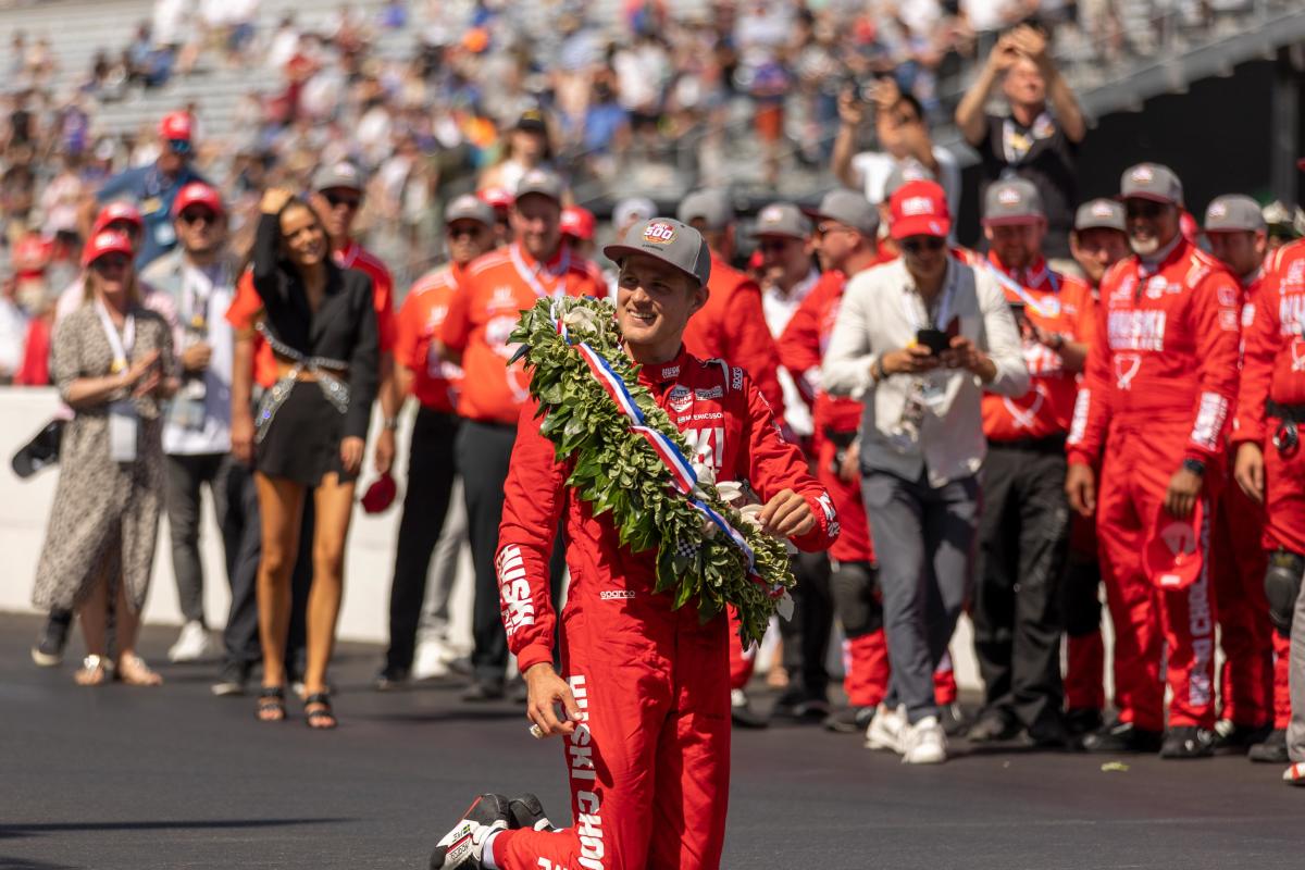 Marcus Ericsson enjoys his 2022 Indianapolis 500 Victory. Photo: Penske Entertainment/Travis Hinkle